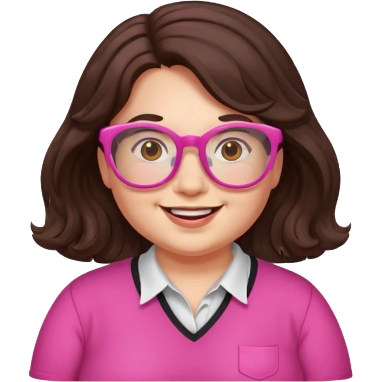 chubby English teacher, happy, wearing pink glasses, wavy long dark brown hair, face only, gamer vibe, classroom background, emoji style, for online classes emoji