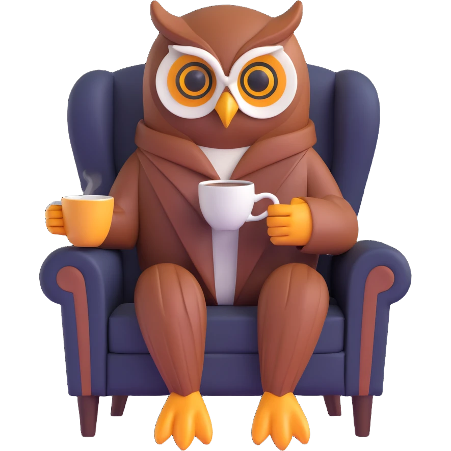 wise owl drinking coffee sitting in an armchair emoji