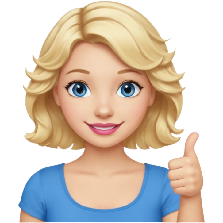 Girl Blonde short wavy hair,  blue eyes, cute blue top, long lashes, pink lips, smiling, thumbs up emoji