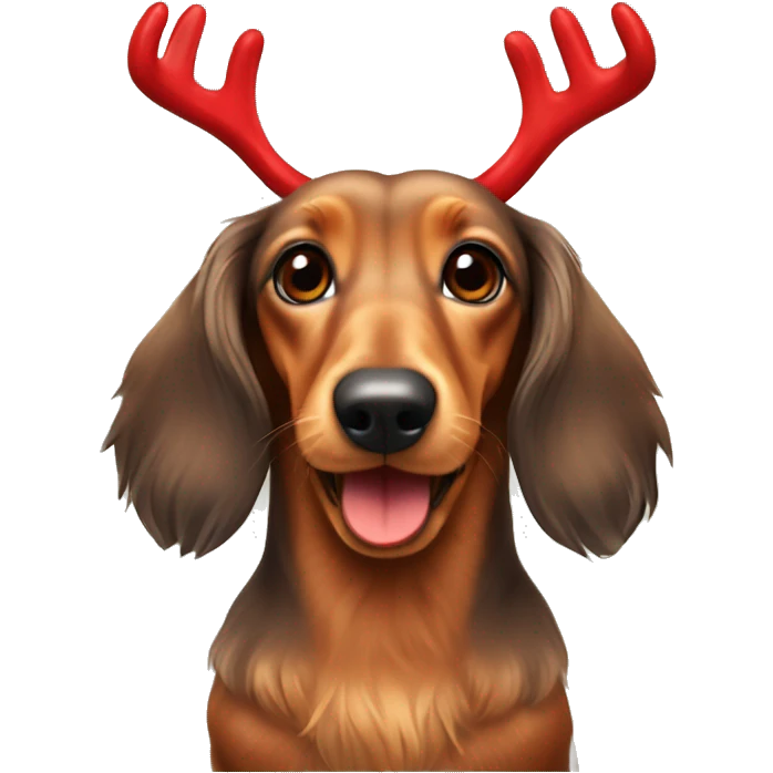 Mini long haired tan dachshund with antlers and red nose  emoji