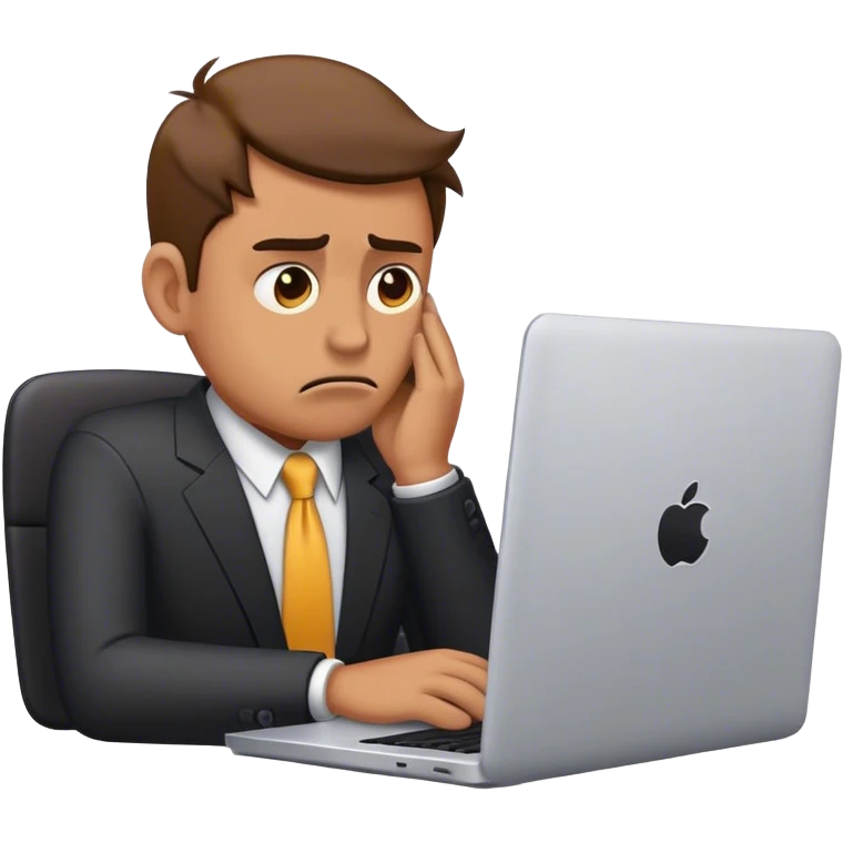 Minimalist emoji of a sad businessman at a laptop, looking exhausted and frustrated. emoji