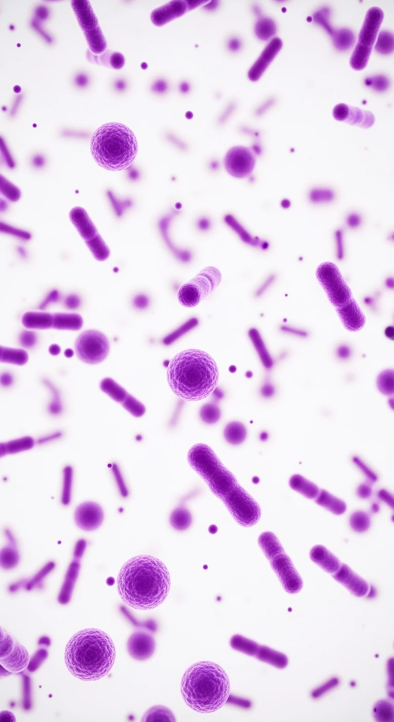 BATTERI INTESTINALI VIOLA FLUTTUANO IN ARIA, SFONDO BIANCO emoji