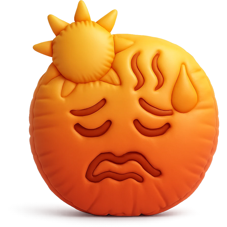 hot emoji with sun and heat waves, red and orange tones, soft plush cushion style emoji