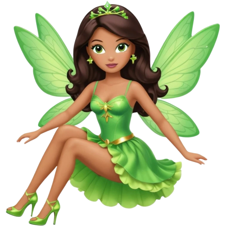 Pretty thick Barbie girl with caramel skin. Dark brown hair and brown eyes. She has freckles. Wearing sexy makeup. Wearing a green fairy costume and heels and flying emoji
