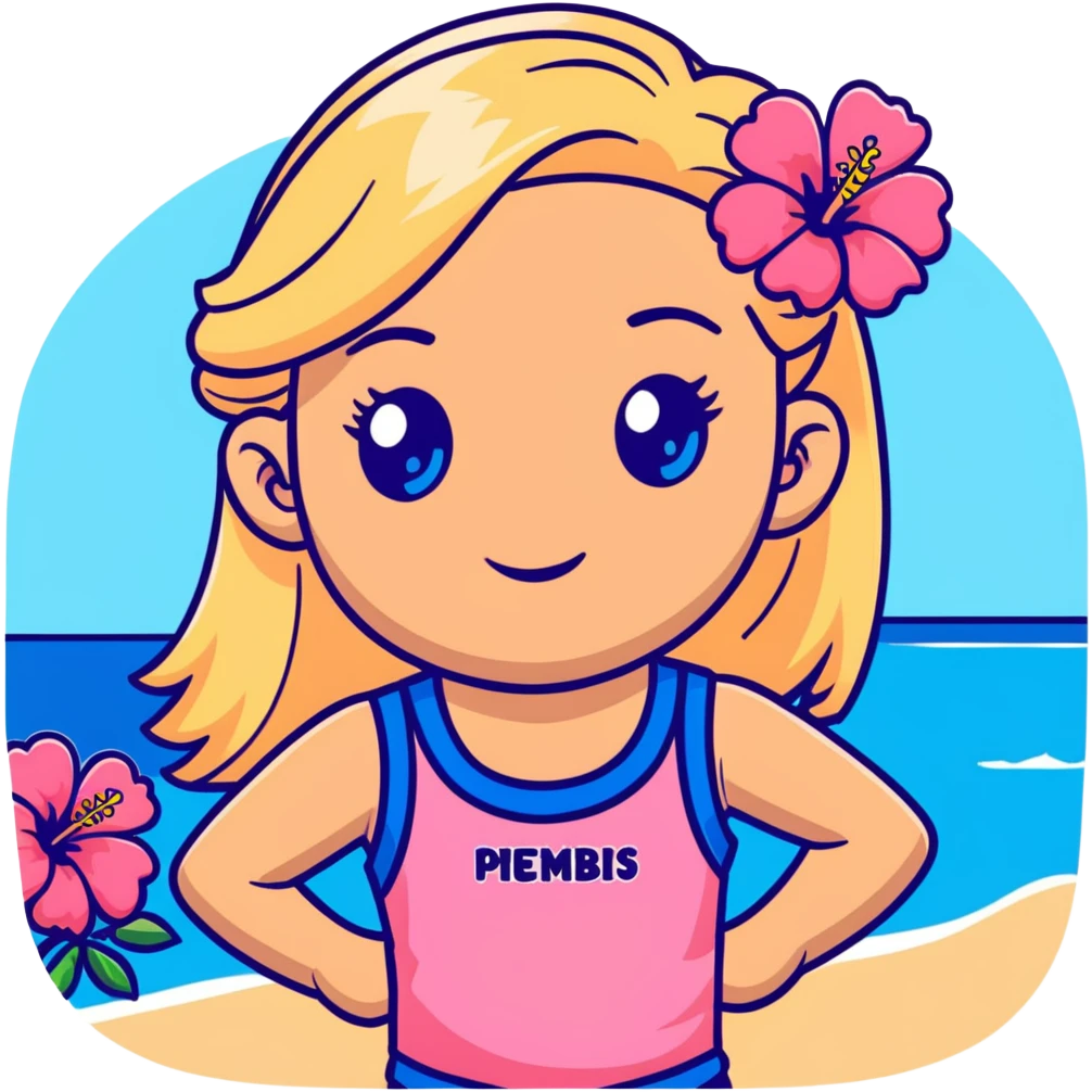 preppy coastal teen girl with blue eyes, beach blonde hair, tan skin, hibiscus flower in her ear, preppy beach outfit emoji