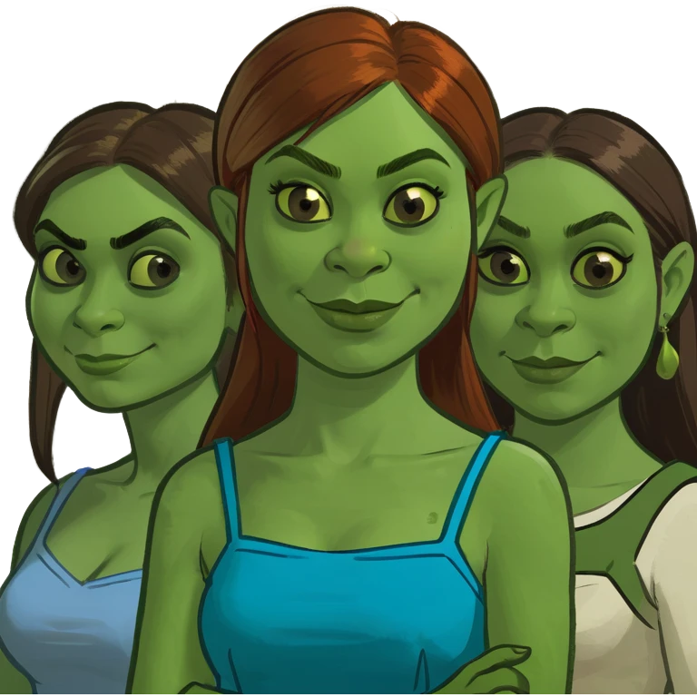 3 girls with brown and blonde hair dressed as shrek characters emoji