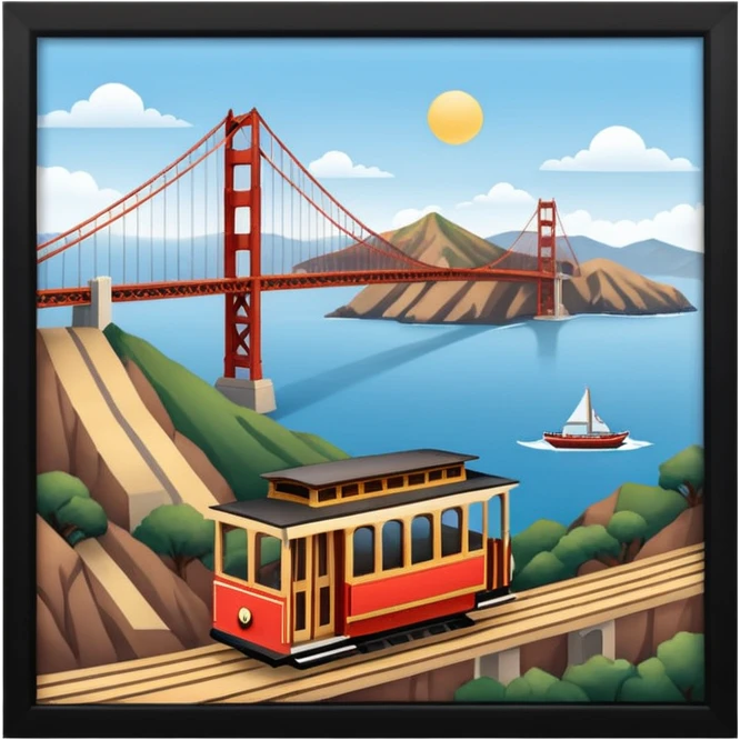 Make a full city of San Francisco with the Golden Gate Bridge in the background and a train car going up the hill emoji