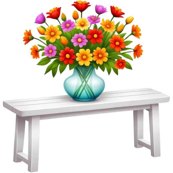 White benches with a romantic lush warm-colored flower vase on top of table emoji