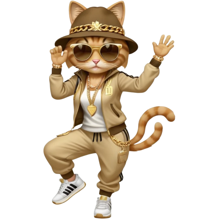 female cat in Run DMC hip-hop outfit with tracksuit, fedora, Adidas sneakers, dark sunglasses, many gold chains and bling accessories, doing a windmill break dance move emoji