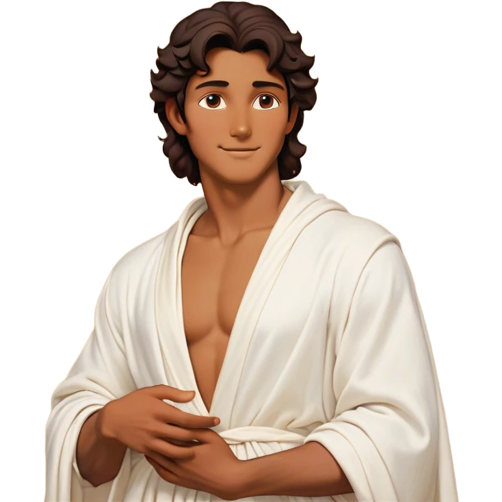 Cinematic Realistic Hercules Portrait, head tilted playfully and inquisitively, showcasing a charming blend of Disney heroic charisma and the refined grace of Michelangelo's David. His sun-kissed bronze skin and thick, wavy dark hair are rendered with classical precision, complementing a warm, inviting smile and sparkling, mischievous eyes. Clad in a softly draped white robe with subtle golden details, he exudes approachable strength under gentle, natural lighting. emoji