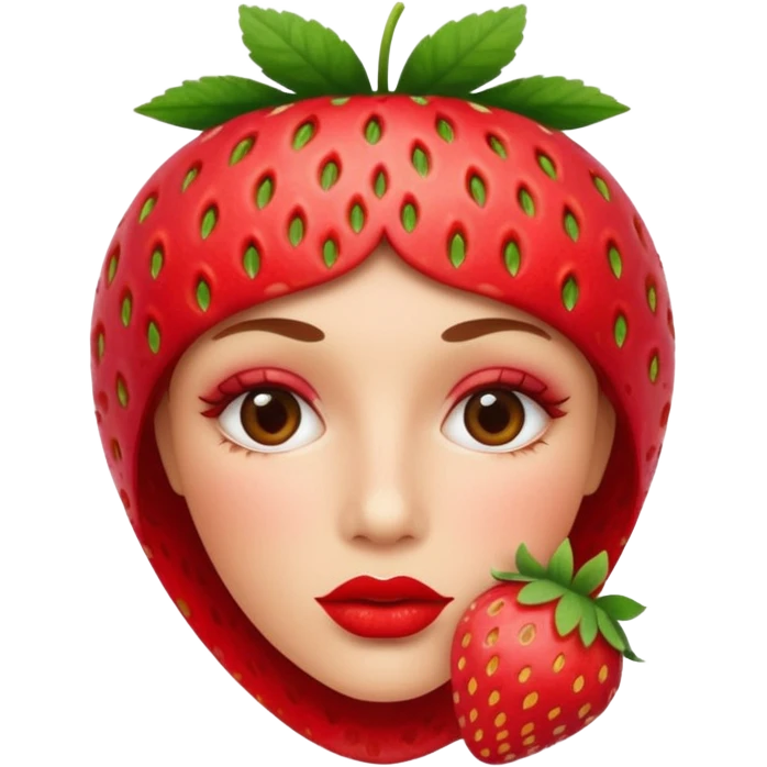 . subject. less details. flat lips with pattern of strawberry with leaf on top  emoji