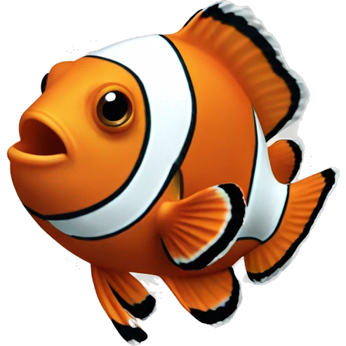 a clownfish in coral reefs and the clownfish has an orange body and black and white stripes. emoji