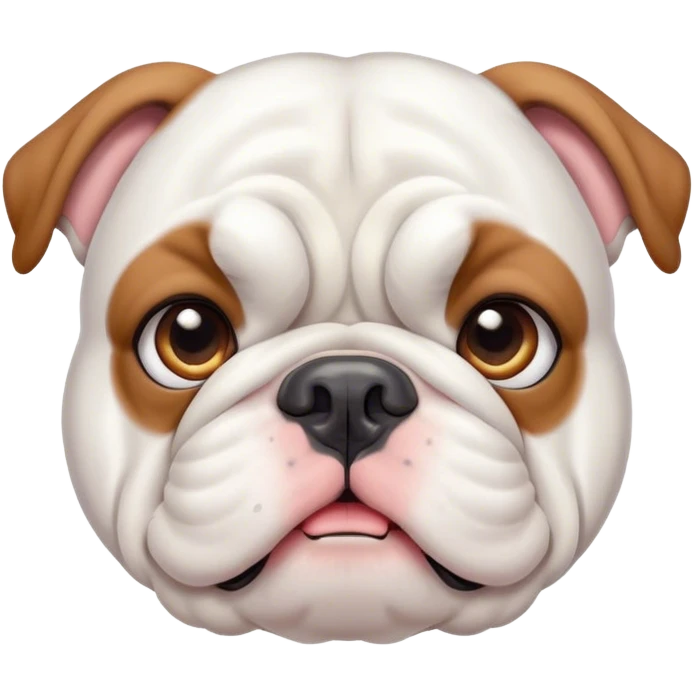 Cinematic Cute White English Bulldog Portrait Emoji, Head tilted playfully and inquisitively, featuring a silky pure white coat with a gentle sheen, round, sparkling brown eyes filled with curiosity, Simplified yet irresistibly adorable features, highly detailed, glowing with a warm, friendly glow, high shine, affectionate and charming, stylized with a touch of whimsy, bright and endearing, soft glowing outline, capturing the essence of a mischievous yet loving companion, so playful it feels like it could bound out of the screen and into your arms! emoji