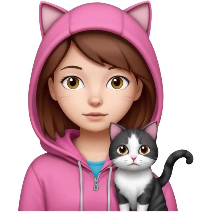 girl in pink hoodie and brown hair with a black and white cat emoji