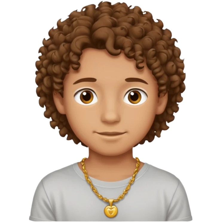 emoji of a teenage boy, curly brown hair, wearing a t-shirt and necklace, friendly expression emoji