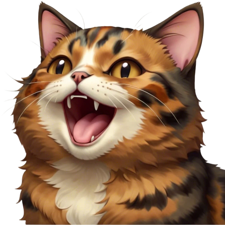 Cinematic Cute Yawning Tortoiseshell Cat Portrait Emoji, Head slightly tilted with a wide, adorable yawn and half-closed, dreamy eyes, featuring a warm, mottled fur of rich browns and blacks, simplified yet irresistibly cute, highly detailed, glowing with a soft, slumbering radiance, high shine, exuding a relaxed, drowsy charm, styled with a gentle, soft glowing outline, capturing the essence of a tortoiseshell cat in a precious moment of sleepy delight! emoji