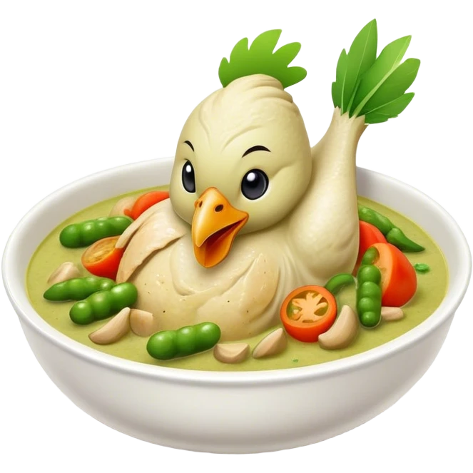 Cinematic Realistic Green Chicken Curry Dish Emoji, depicted with tender chicken simmered in a fragrant green curry sauce with vegetables rendered with rich textures and dynamic, vibrant lighting. emoji