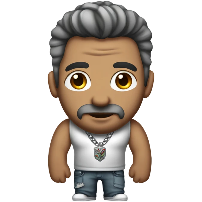 Full body image  of a Man with tattoos, brown hair and grey highlights, thick silver Cuban necklace that has big bug eyes looking  emoji