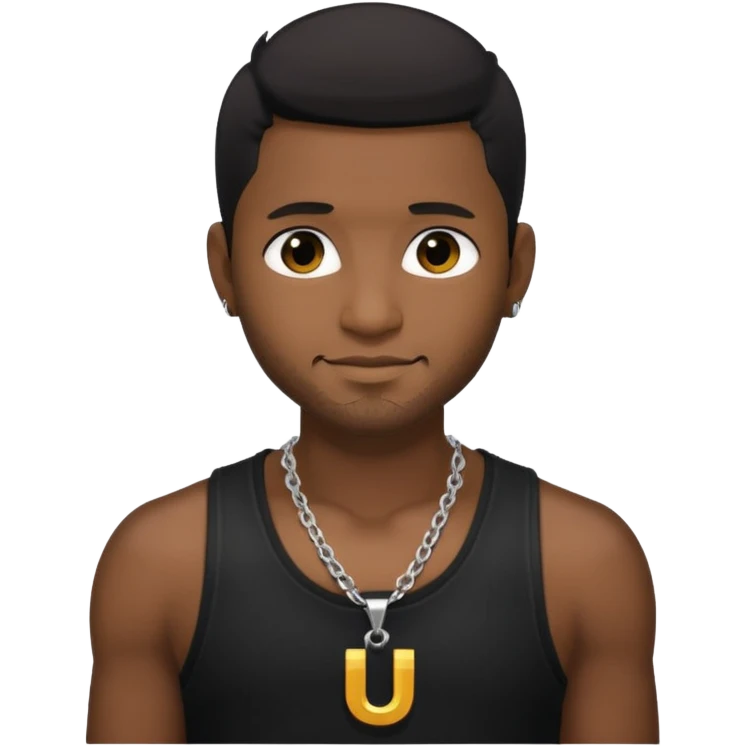 Usher black hair, black tank top with necklace with letter u emoji