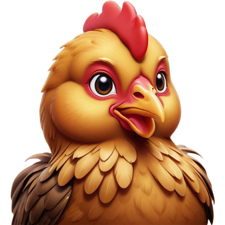 Cinematic Cute Brown Chicken Portrait Emoji, Head tilted playfully and inquisitively, featuring a lustrous brown feathered coat with a natural sheen and a subtle red comb, round, sparkling beady eyes filled with curiosity, Simplified yet irresistibly adorable features, highly detailed, glowing with a warm, friendly glow, high shine, affectionate and lively, stylized with a touch of country charm, bright and endearing, soft glowing outline, capturing the essence of a mischievous yet loving chicken, so playful it feels like it could peck out of the screen and into your arms! emoji