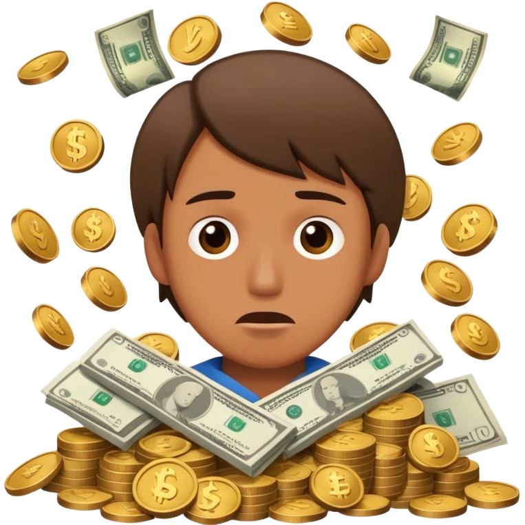 surrounded by coins and bills, looking confused emoji