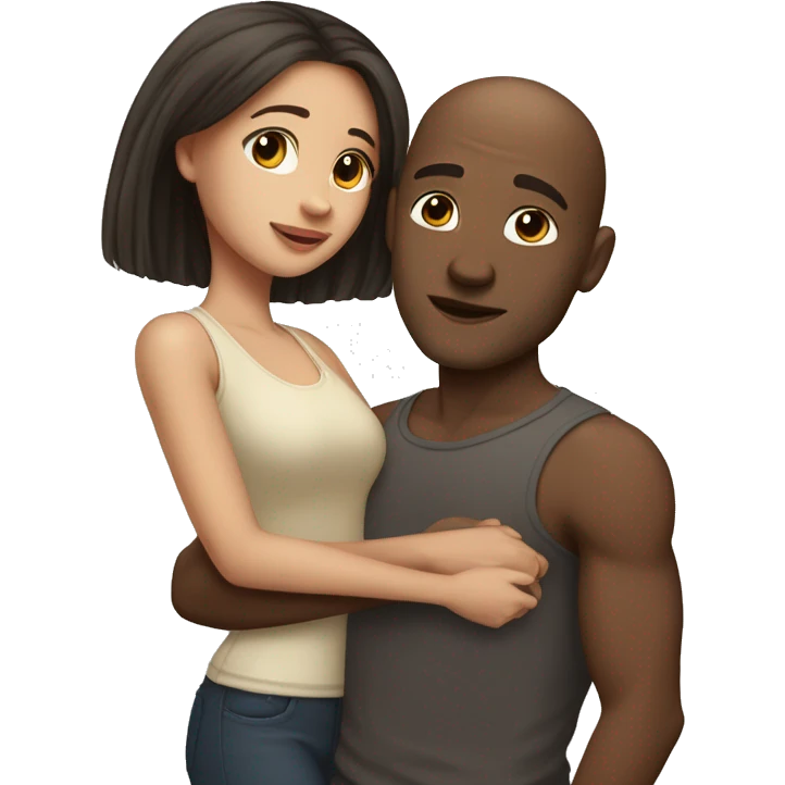 Light skin girl with long dark hair hugging brown skin man with no hair emoji