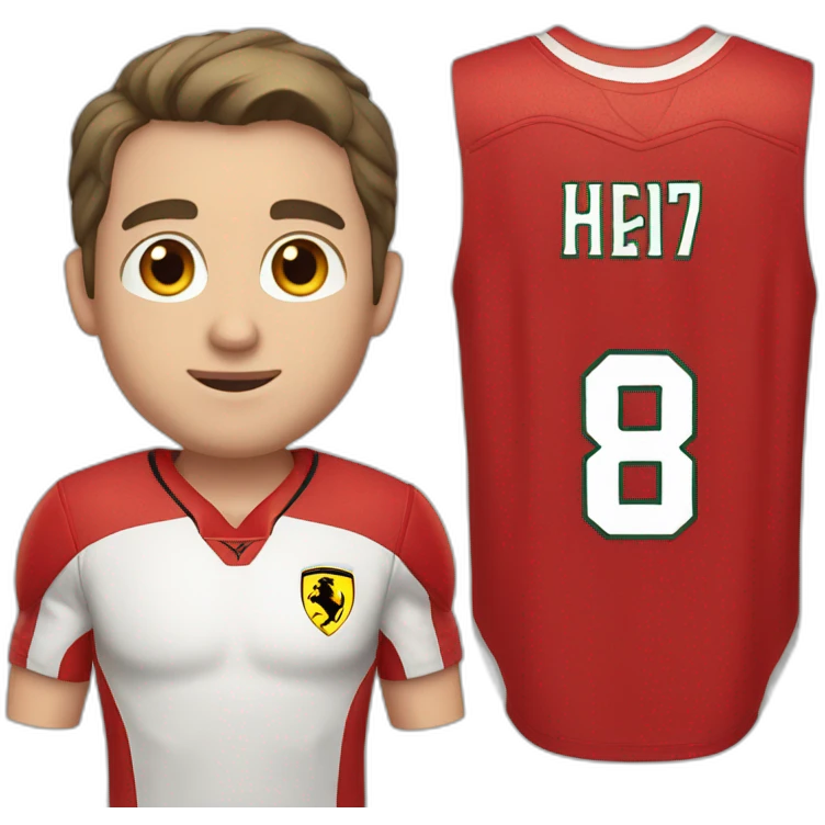 a young white man with no beard and very short dark hair and brown eyes in a red ferrari jersey emoji