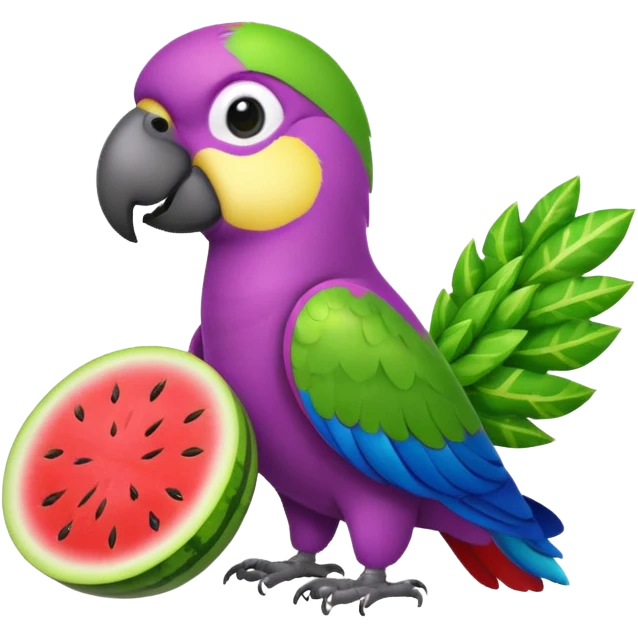 emoji de papagayo morado, sandia y amarillo emoji
