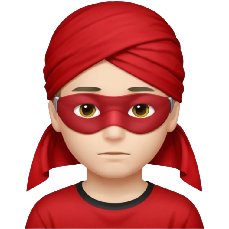 boy wearing red cloth over only eyes boy wears black t-shirt emoji