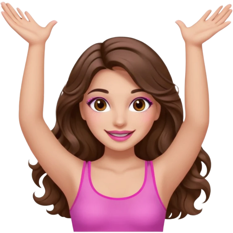 girl with long wavy brown hair, brown eyes, long lashes makeup, sexy pink lips, light to medium complexion, wearing a pink sexy top, both hands in the air high emoji