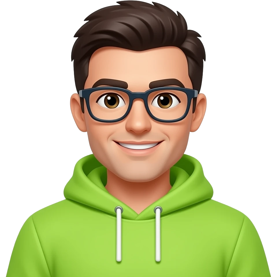 friendly and inspiring male forex trader mascot, mid 20s, neon lime green hoodie, head & shoulder, wear glasses, dark hair color and eyebrow. emoji
