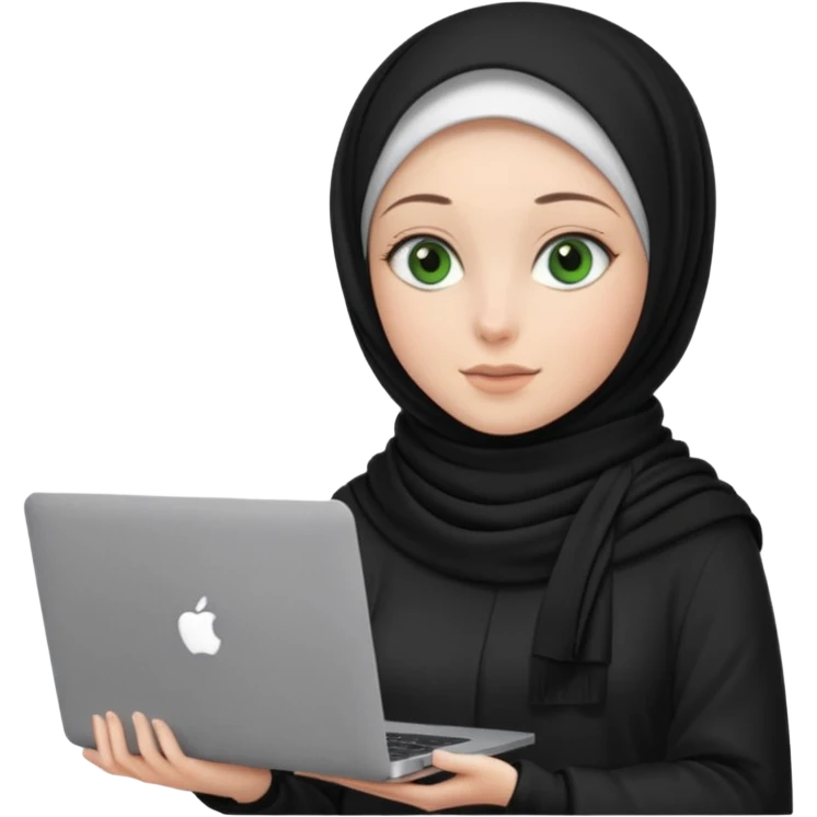women with black scarf hijab , with green eyes  ,without hair, with macbook emoji