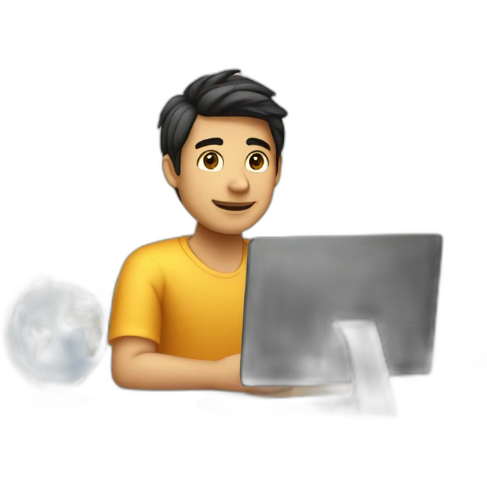Un chico joven sentado esperando en un escritorio junto a una PC  emoji