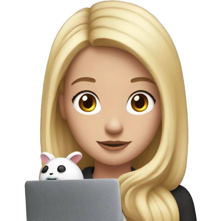 A blonde girl wearing airpods max and looking at a macbook emoji