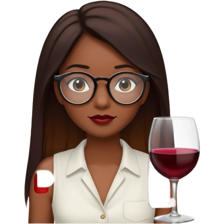 a woman with dark skin.
She has long, straight brown hair. with wine ombré hair 
He wears black-framed glasses. vintage oval.
She wears a white sleeveless blouse. emoji