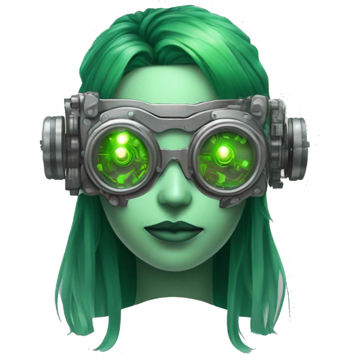 Green female cyborg head with green long hair, grey steampunk goggles and circuitry emoji