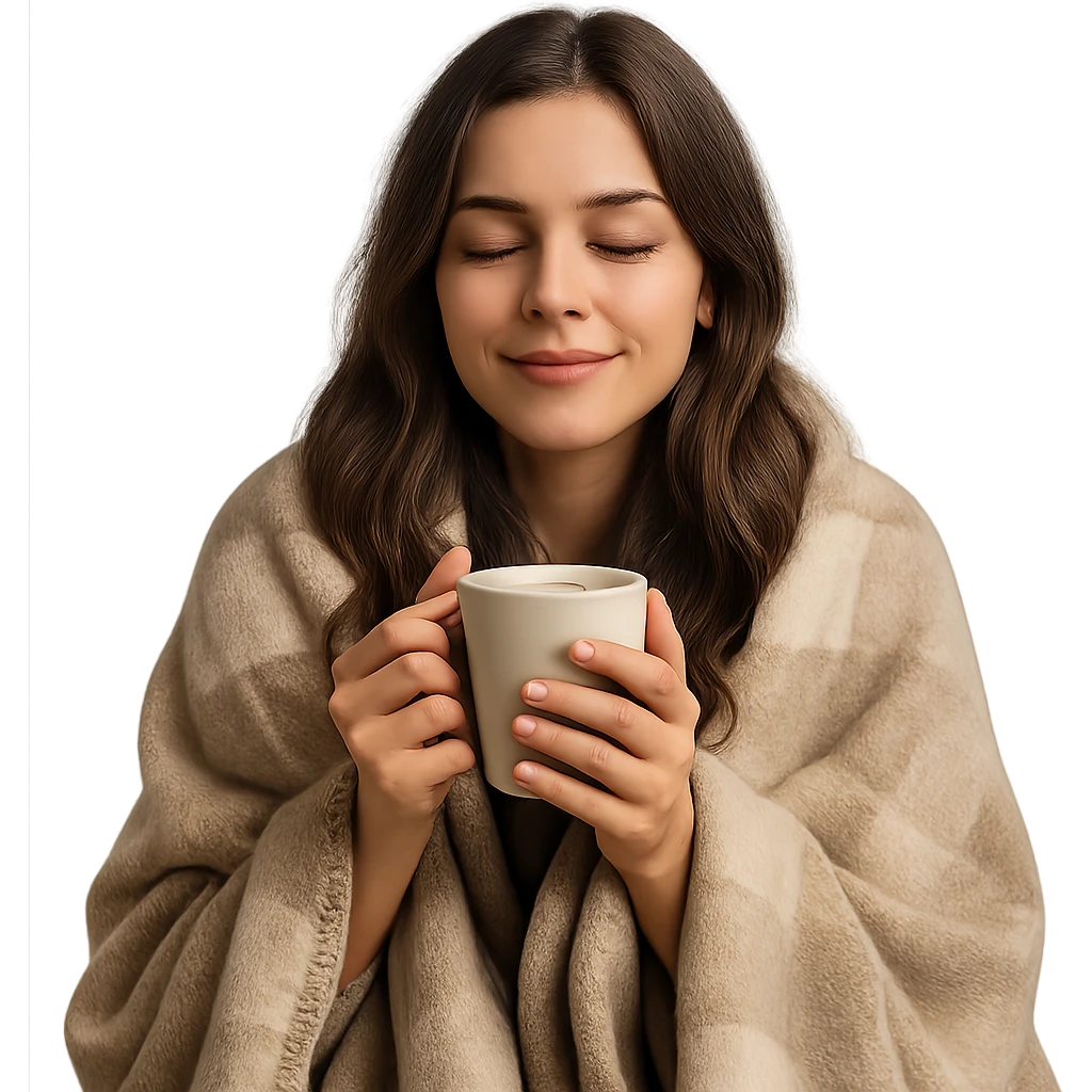 brunette girl wrapped in a blanket holding a coffee mug with eyes closed, cozy and relaxed emoji