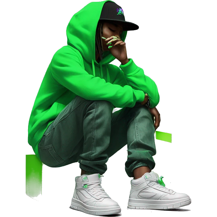 Multicoloured neon black and green graffiti person smoking wearing hoodie dancing hip hop bucket hat tropical Skater fashion aesthetic baggy clothes graphic t shirt 420 emoji