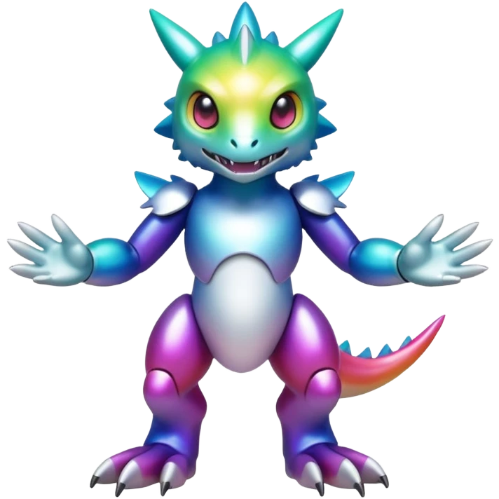 white iridescent colorful metallic alloy gradient shiny glossy Fakémon-Digimon-creature-hybrid (full body) emoji