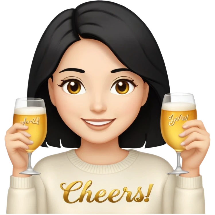 A woman with shoulder-length black hair, light to medium skin tone, full cheeks, and almond-shaped eyes, wearing a white sweater with the word 'cheers' in gold script, lying comfortably on a bed with soft lighting, joyful and radiant expression, emoji style, no drinks. emoji