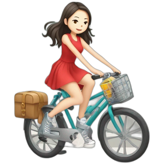 Taiwanese girl with lazy hairstyle wearing red dress and converse shoes riding bicycle and listen music wearing earphone emoji