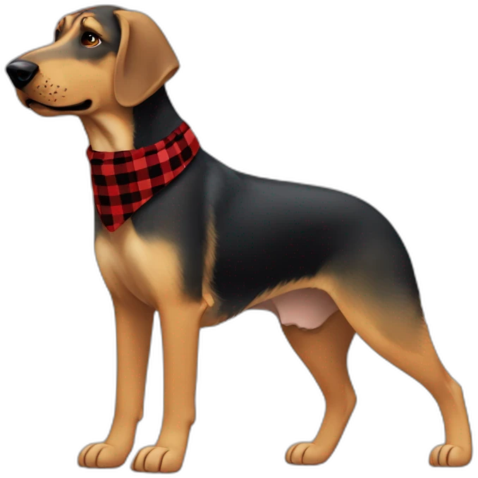 adult 75% Coonhound 25% German Shepherd mix dog with visible tail wearing small pointed red buffalo plaid bandana full body walking left quickly emoji