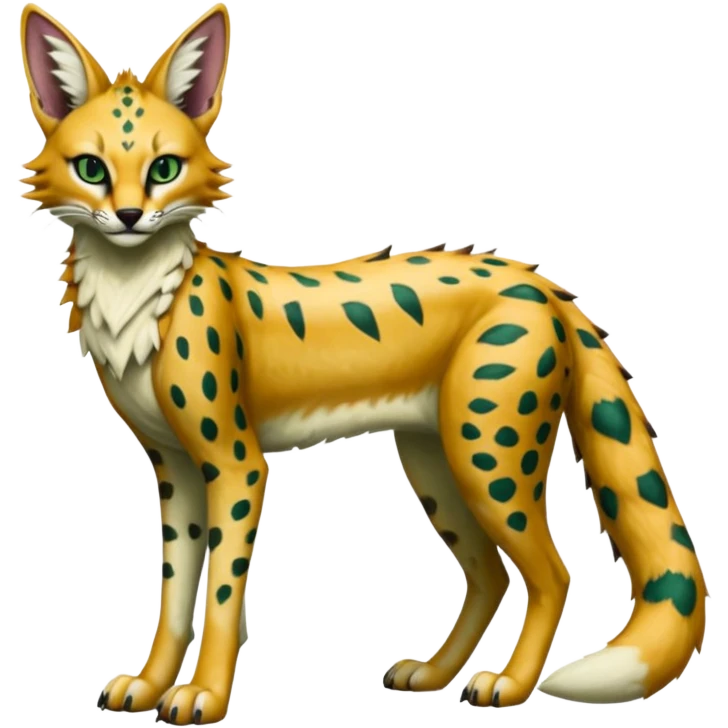 Epic complex detailed sanguine hunter-green realistic aesthetic-scenic-Fakémon-Trico-Sergal-Serval-Vernid-creature emoji