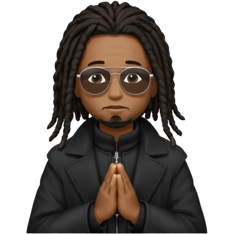 African American man with shoulder length black dreadlocks  wearing black sunglasses wearing a black winter coat praying emoji