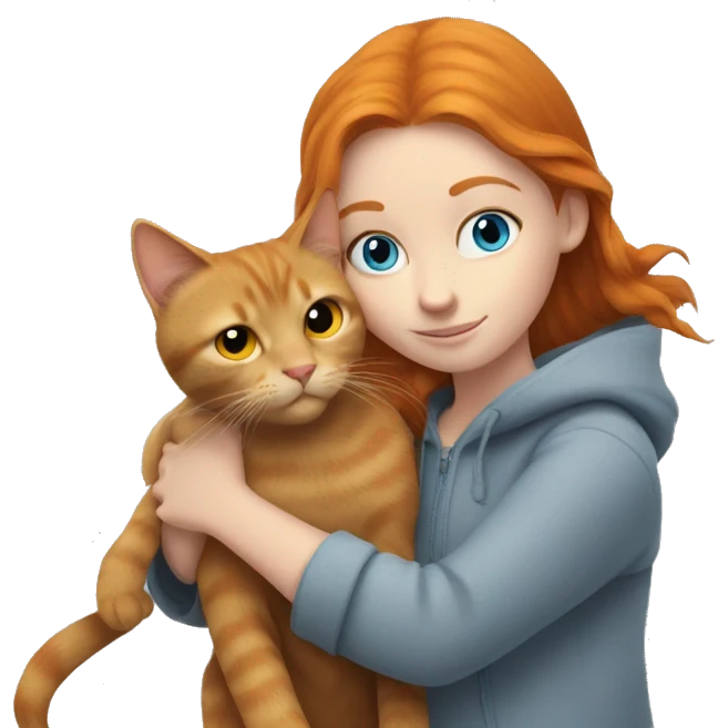 Ginger haired girl with blue eyes hugging a solid grey cat with yellow eyes emoji