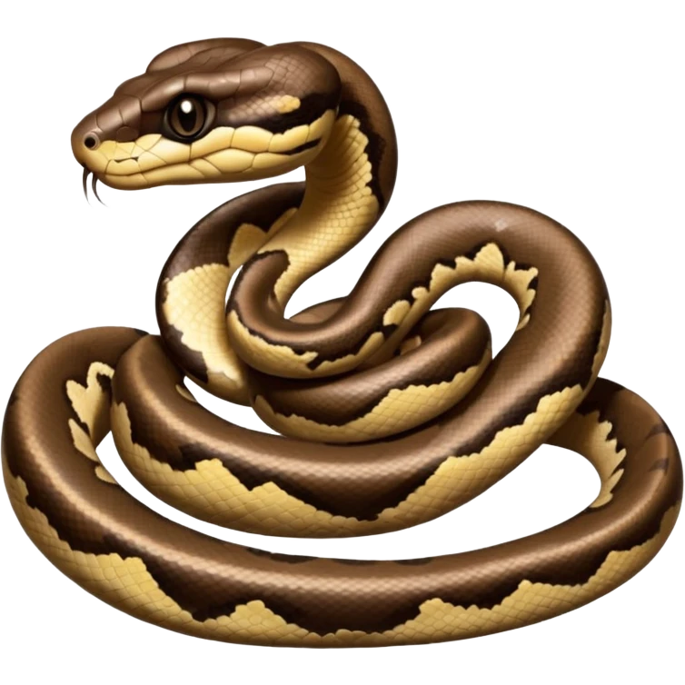 A photo-realistic digital illustration of a Ball Python, chest upward, with a short, rounded head, thick body, and a calm, curious expression. It has a warm brown base color with irregular dark blotches shaped like “alien heads,” and matte-textured scales that emphasize its small, stocky form. emoji