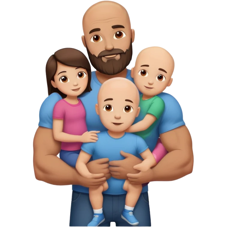 Muscular Bald man with a beard hugging his young fit brunette wife and their 3 sons emoji
