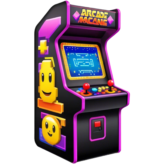 An icon featuring a retro arcade machine with vibrant pixelated graphics on the screen, showcasing classic gameplay. Bright neon lights surround the arcade cabinet, evoking nostalgia for the golden age of gaming. transparent background, the design symbolizes the fun and thrill of arcade games emoji