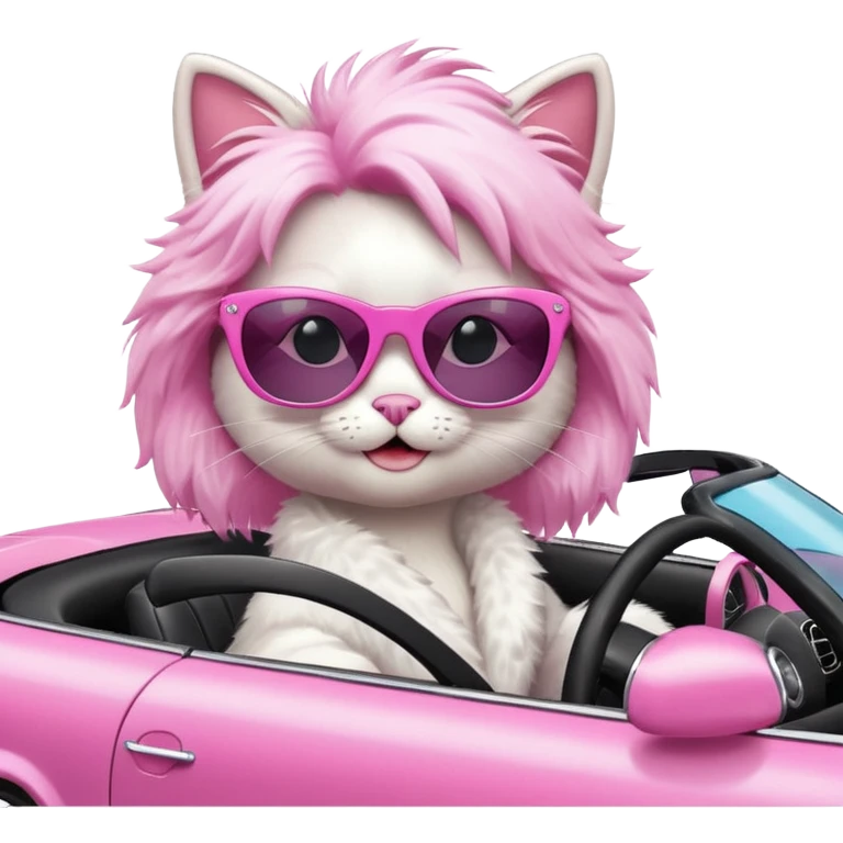 a cat in a pink convertible car, Barbie style emoji