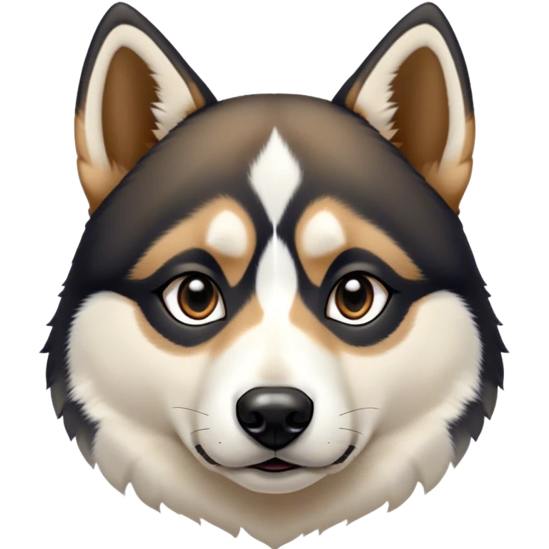Dog face with black, white and tan. Black on top, around eyes and down sides of snout. Tan eyebrows and white on the rest of the nose and a small triangular strip up between the eyes. Pointy black eyes. Shepard and husky like emoji
